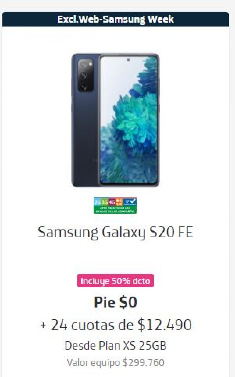 Samsung Galaxy S20 FE a $299.760 en Movistar